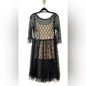 I.N.‎ Studio Y2K Midi Dress Size 6 Nude Satin Slip Black Sheer Lace Whimsigoth
